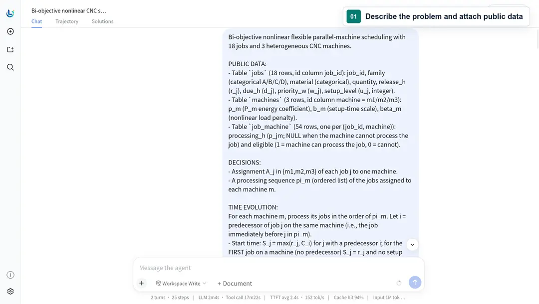 Historical recording of the Harness (then named LiveOpt) receiving an English optimization problem and public data, selecting Pareto search, producing an initial result, then applying a small update with a fast warm restart.